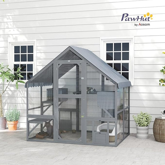 PawHut Large Catio Outdoor Cat Enclosure for Multiple Kittens, Wooden Cat House with Waterproof Cover, Walk in Kitty Cage Kennel with 2 Condos, 4 Platforms, Bridge, Doors, 73" x 55" x 74", Gray