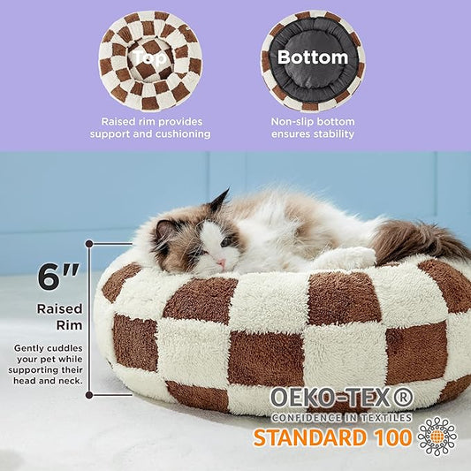 LE SURE Donut Small Dog Bed - Round Cat Bed for Indoor Cats with Anti-Anxiety Calming Teddy Sherpa Plush & Anti Slip Bottom Brown