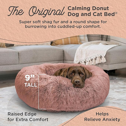 Best Friends by Sheri Original Calming Donut Dog and Cat Bed, Shag Faux Fur, Dusty Rose, (36in x 36in) - Anxiety Relief for Pets Up to 100 lbs