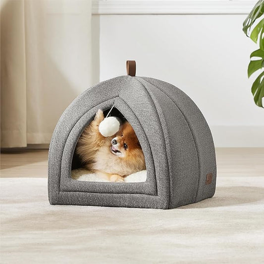 Bedsure Cat Beds for Indoor - 2 in 1 Cat Cave House Tent for Kittens and Small Pets with Removable Washable Cushioned Pillow, Foldable Kitten Hideaway with Non-Slip Bottom, Grey, 17.3 inches