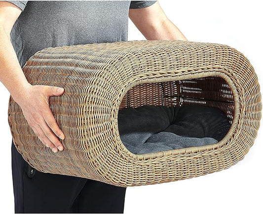 Fun Stackable Wicker Cat Hideaway House - Interactive Play Rattan Cat House for Indoor Cats Kitty, Pet Friendly Top/Side House Entry, Cat Bed Enclosed