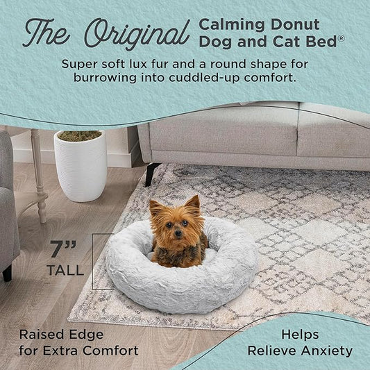 Best Friends by Sheri Original Calming Donut Dog and Cat Bed, Lux Faux Fur, Gray, XS (18in x 18in) - Anxiety Relief for Pets Up to 10 lbs