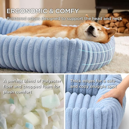 Bedsure Washable Dog Bed for Large Dogs - Cute Furry Puppy Beds, Rectangle Orthopedic Corduroy Fleece Pet Beds with Removable Zipper Cover, 36x27x8inches, Blue