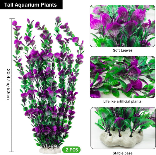 20.47 Inch Tall Aquarium Plants – Large Lifelike Artificial Fish Tank Decorations, 2 Pcs Fish Tank Plants Plastic,Durable & Safe for Freshwater/Saltwater Aquariums (Purple (Style C))