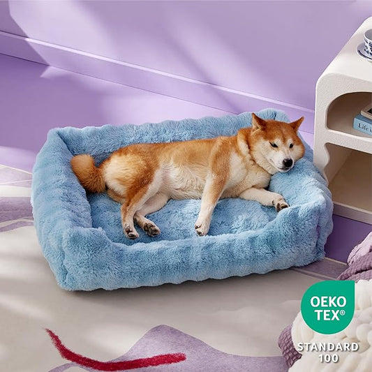 Lesure Fluffy Dog Beds for Large Dogs - Orthopedic Rectangle Calming Pet Bed,Plush Bubble Bolster Pet Sofa with Removable Washable Cover and Nonskid Bottom,36x27x8inches,Blue
