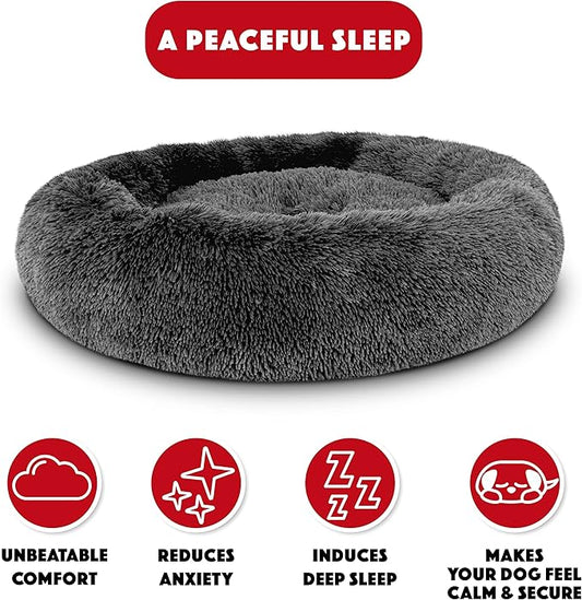 The Dog’s Bed Sound Sleep Donut Dog Bed, Med Steel Grey Fur Calming Nest Bed, Veterinary Approved