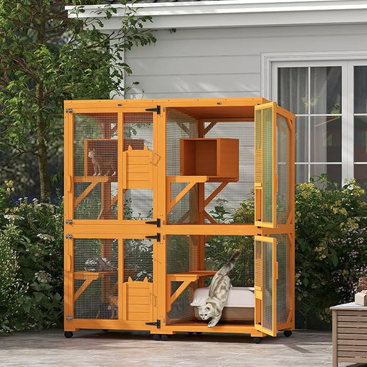 PawHut Wooden Catio with Waterproof Roof, Large Cat House with High-Up Resting Box, Indoor & Outdoor Cat Enclosure with Wheels, for 3-6 Cats, Orange