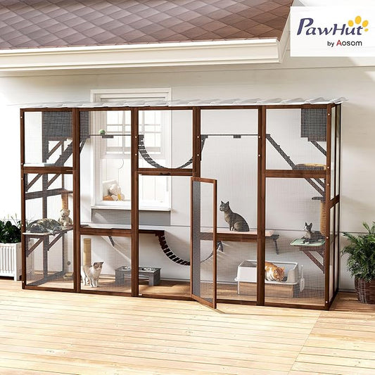 PawHut Catio Outdoor Cat Enclosure Window, Outdoor Cat House with Weather Protection Roof for Multiple Kitties, Wooden Frame, Shelves & Bridges, 118" x 37.5" x 74", Coffee Brown