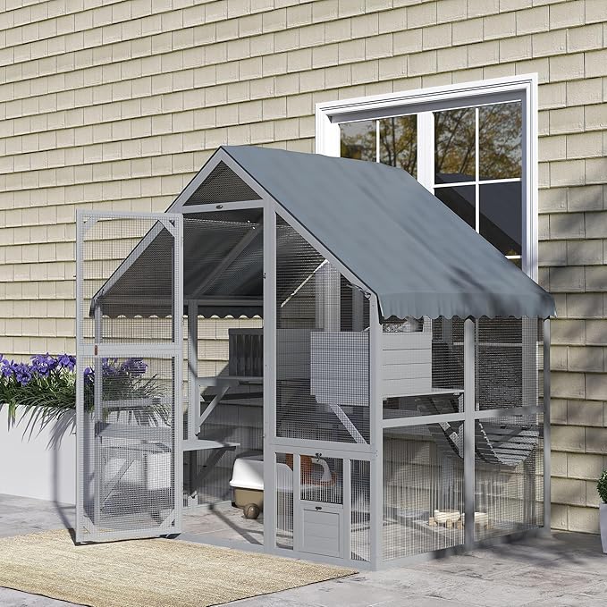 PawHut Large Catio Outdoor Cat Enclosure for Multiple Kittens, Wooden Cat House with Waterproof Cover, Walk in Kitty Cage Kennel with 2 Condos, 4 Platforms, Bridge, Doors, 73" x 55" x 74", Gray
