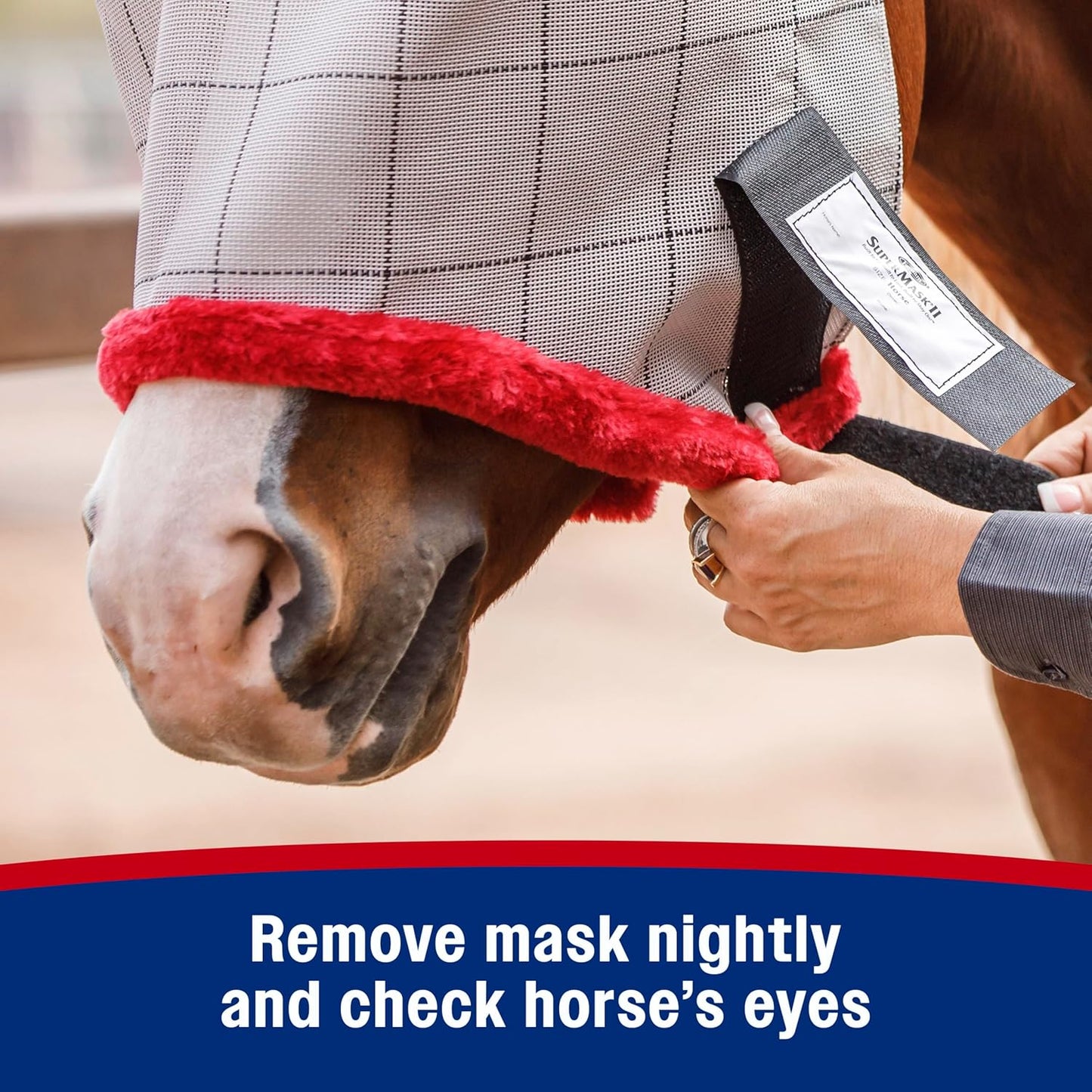 Farnam SuperMask II horse fly mask without ears, extended coverage, protects eyes from insects and debris, adjustable throat latch, Average Horse Size