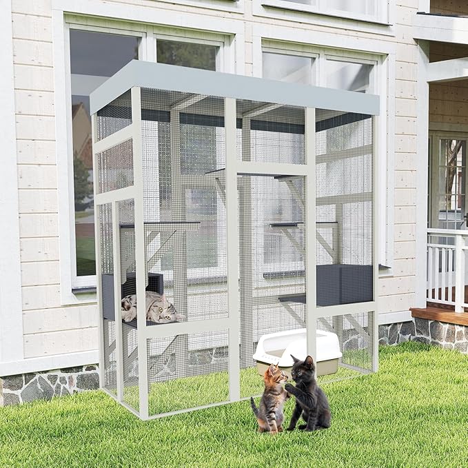 70inch Catio Outdoor Cat Enclosure, Outdoor Catio Condo Enclosure, Wooden Cats Cage, Large Outside Cats House Weatherproof with 5 Platforms and 2 Resting Boxes.