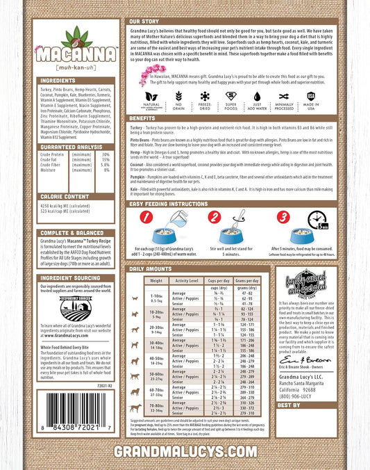 Macanna Grandma Lucy's Grain-Free Turkey Freeze-Dried Dog Food 3 Lbs., Brown