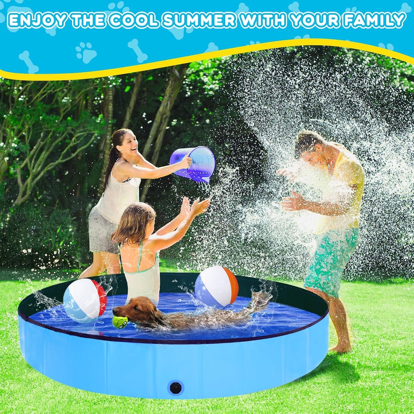 Foldable Dog Pool - 63" x 12" Anti-Slip Portable Dog Swimming Pool, Hard Plastic Collapsible Kiddie Pool for Outdoor and Indoor for Pets Dogs Cats and Kids