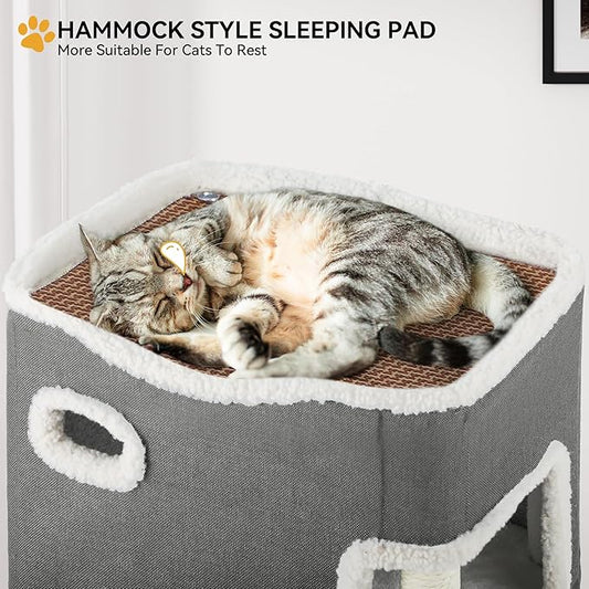 YITAHOME 2-Tier Cat House, Indoor Cat Cave Bed Playhouse, Flannel & Cool Mat, Covered Cat Beds with Scratch Pad and Hideaway Cave, Cute Modern Cat Condo Furniture for Multi Small Cats, Grey