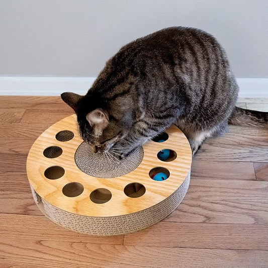 Furhaven Scratching Pad Ball Track Cat Toy w/ Catnip for Indoor Cats - Round Busy Box Scratcher - Tan, One Size