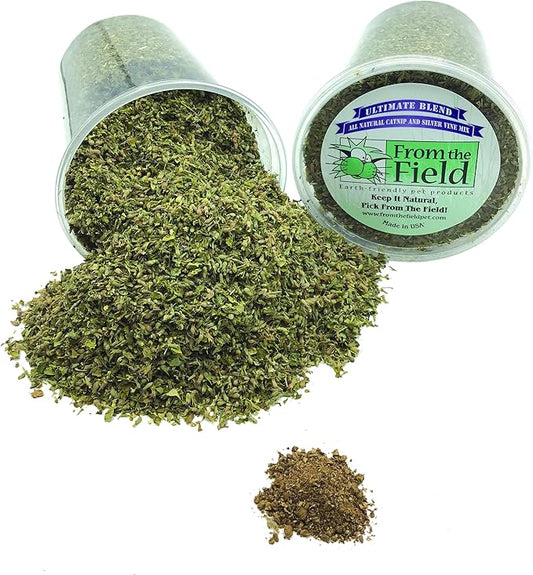 from The Field | Ultimate Blend Catnip & Silver Vine | Premium USA-Grown Catnip for Toys & Playtime | Fresh, Potent, Non-Toxic, Eco-Friendly | Safe for Kittens & Cats | Resealable 3.5 Oz Tub