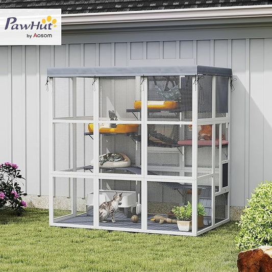 PawHut Catio Outdoor Cat Enclosure, Large Luxury Cat House Outside with Hammock, Condo, Jump Platforms, Ladders, Ramps, Tarp, Walk in Cat Cage for 2-4 Large Cats, 71"