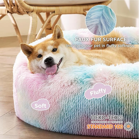 Bedsure Calming Dog Bed for Medium Dogs - Donut Washable Medium Pet Bed, Anti-Slip Round Fluffy Plush Faux Fur Cat Bed, Fits up to 45 lbs Pets, Multi-Colored, 30 inches