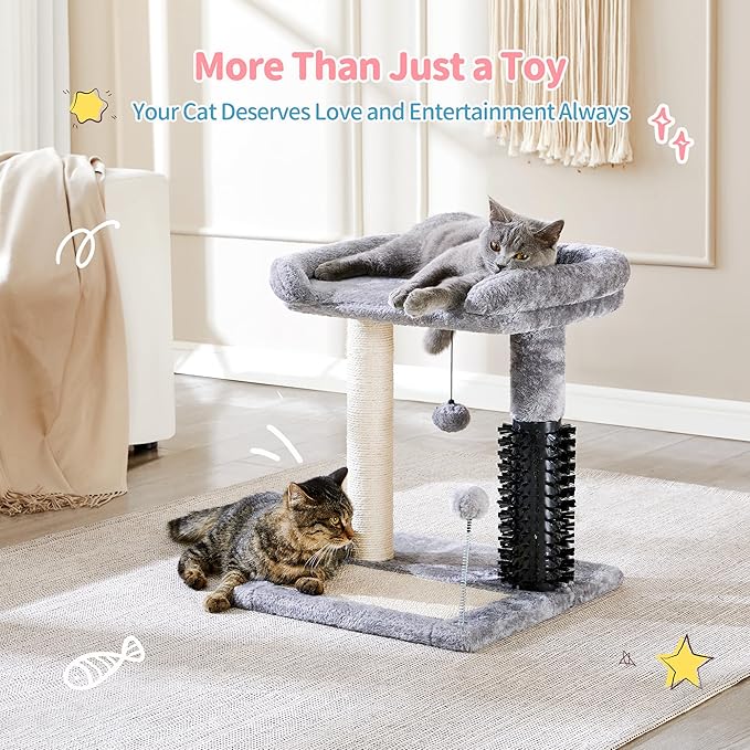 Made4Pets Small Cat Tree Tower, Cat Scratching Post 4-in-1 with Self Groomer Brush, 20" Tall Natural Sisal Cat Scratcher, Plush Perch Bed with Dangling Ball for Indoor Kittens, Grey