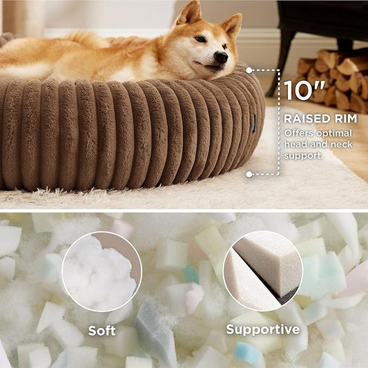 Bedsure Donut Large Dog Bed - Washable Faux Fur with Corduroy Fleece & Anti Slip Bottom, Round Pet Bed with Removable Cover, Copper Brown, 36x36x10 inches