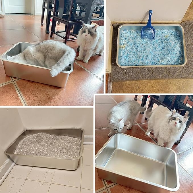 Stainless Steel Litter Box, 23.6“x15.7"x6" Deep Stainless Steel Cat Litter Box Extra Large, XL Metal Litterbox for Big Cats with High Sides, Non Stick Surface, Easy to Clean