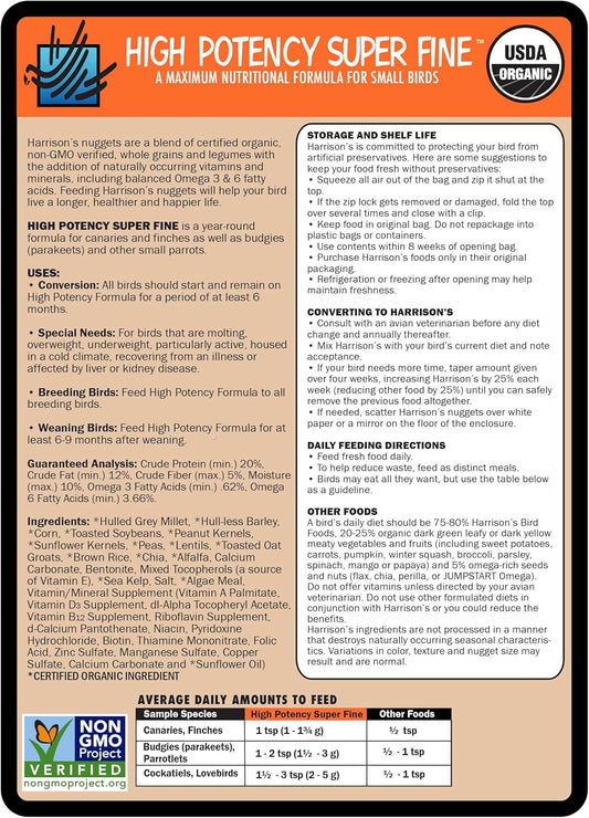 Harrison's Bird Foods High Potency Maximum Nutritional Formula for Small to Medium Birds, Certified Organic Non-GMO Pet Bird Food, Vet-Developed, Suitable for All Life Stages, 454 g/ 1 lb