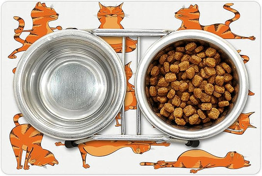 Lunarable Cat Pet Mat for Food and Water, Cats Doing Funny Fitness Exercises and Flexibility Position Sports Stretch Gymnastics, Non-Slip Rubber Mat for Dogs and Cats, 18" X 12", Orange White