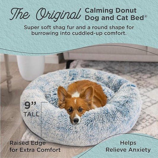 Best Friends by Sheri Original Calming Donut Dog and Cat Bed, Shag Faux Fur, Denim Blue, (30in x 30in) - Anxiety Relief for Pets Up to 45 lbs