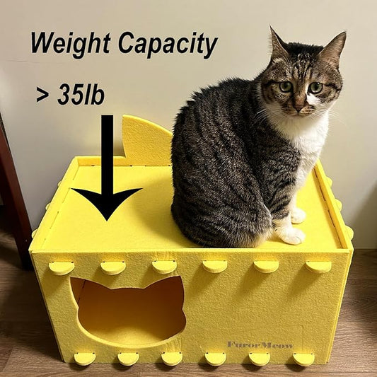 Cat House Cat Ear Design, Large Spacious Cozy Indoor Cat Bed Cave, Scratch Resistant Strong Thick Premium Felt Condo, Fun Hideaway for Multiple Cats, 21.5x13x11.6 inches (Bright Yellow)