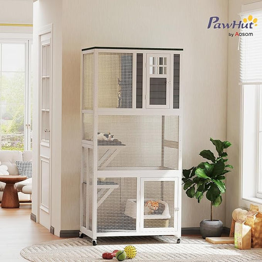 PawHut 74" Wooden Catio Outdoor Cat Enclosure Weatherproof & Wheeled, Outside Cat House with High Weight Capacity, Kitten Cage Condo, White