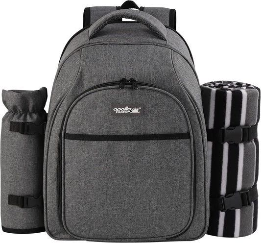 apollo walker Picnic Backpack Bag for 2 Person with Cooler Compartment, Detachable Bottle/Wine Holder, Fleece Blanket, Plates and Cutlery Set (2Person,Grey)