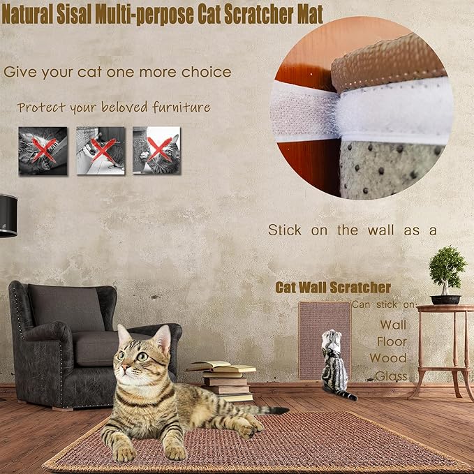 Cat Scratching Mat, 23.6 x 15.7inch Sisal Cat Scratchers for Indoor Cats with Velcro Tapes,Stick on Floor Wall Cat Scratcher,Horizontal Cat Scratcher Protect Carpets and Sofas (Dark Brown)…