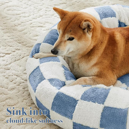 Checkered Dog Bed, Cute Blue Retro Style Aesthetic Round Warming Pet Calming Beds for Small Dog and Cats, Plush Cozy Donut Dog Beds Washable, 30" L x 30" W x 8" Th