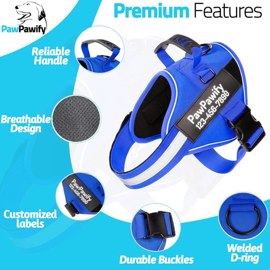PawPawify Custom No Pull Dog Harness with Name and Phone Number, Heavy Duty Personalized Pet Vest to Prevent Tugging, Pulling, or Choking, Training and Walking (New Blue, L (40-60 LBS))