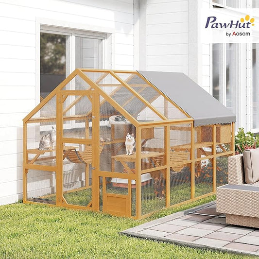 PawHut Large Catio Outdoor Cat Enclosure for Multiple Kittens, Wooden Cat House with Waterproof Cover, Walk in Kitty Cage Kennel with 2 Condos, 6 Platforms, Bridge, Doors, 110" x 73" x 74", Yellow