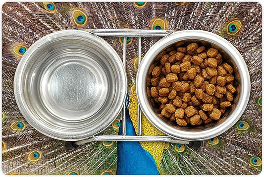 Lunarable Peacock Pet Mat for Food and Water, Peacock Displaying Feathers Vibrant Colors Eye Shaped Patterns Picture, Non-Slip Rubber Mat for Dogs and Cats, 18" X 12", Mustard Brown