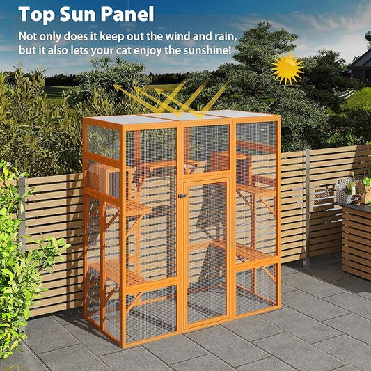 Large Wooden Catio Outdoor Cat Enclosure - Cat Play & Run Enclosures Indoor Kitty Window Catio with Waterproof Roof, 7 Platforms & 2 Resting Box, UV Resistant, 62.5" L x 32.5" W x 70" H, Orange