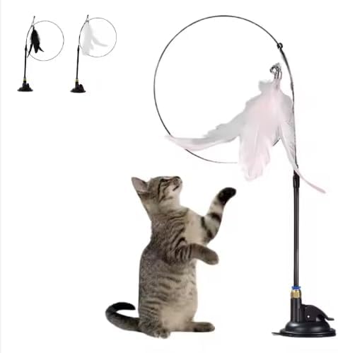 Interactive Cat Feather Wand Toy with Strong Suction Cup – Black Base, White & Black Feathers | Hands-Free Play for Indoor Cats