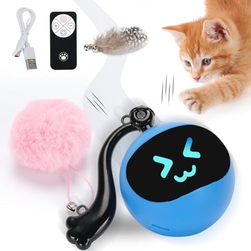 Interactive Cat Toy Ball for Bored Indoor Adult Cats,Rechargeable Automatic Moving Mouse Chase Toy with Colourful LED Light,Smart Remot Control Cat Toy Rolling Ball Speed Moving Tail Blue