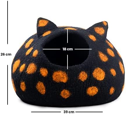 Woolygon Wool Cat Cave Bed - Handcrafted 100% Merino Wool, Eco-Friendly Felt Cat Cave for Indoor Cats and Kittens (Black Polka)
