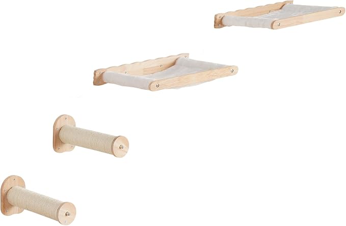 VEVOR Wall Mounted Cat Shelves, Perches with Jumping Posts & Hammocks, Cat Furniture Set up to 40 lbs, Removable & Washable Coral Fleece for Sleeping, Playing, Climbing, Set of 4