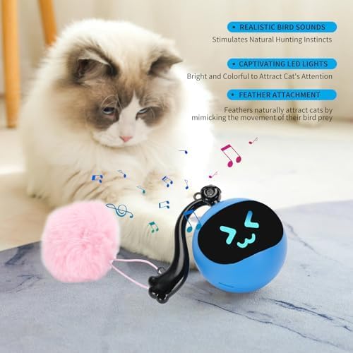 Interactive Cat Toy Ball for Bored Indoor Adult Cats,Rechargeable Automatic Moving Mouse Chase Toy with Colourful LED Light,Smart Remot Control Cat Toy Rolling Ball Speed Moving Tail Blue