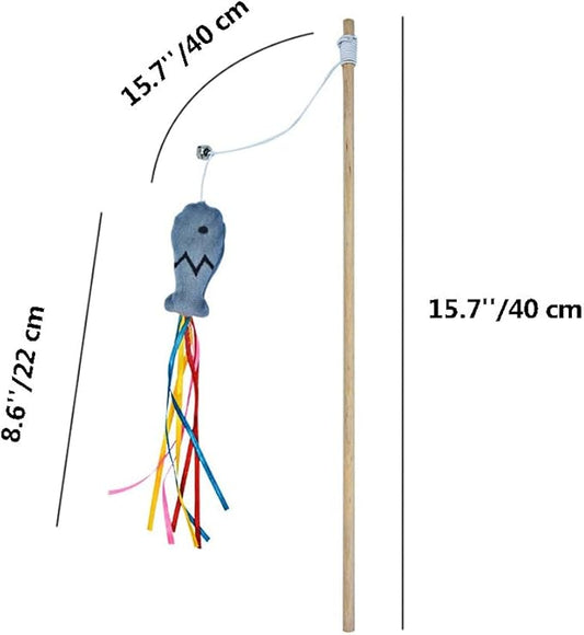 IUHKBH Cat Wand, 3 PCS Interactive Kitten Toys Wooden Handle Kitten Teaser Toys with Cute Fish Tail Sturdy Cat Sticks