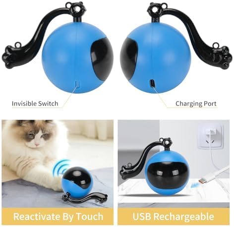 Interactive Cat Toy Ball for Bored Indoor Adult Cats,Rechargeable Automatic Moving Mouse Chase Toy with Colourful LED Light,Smart Remot Control Cat Toy Rolling Ball Speed Moving Tail Blue