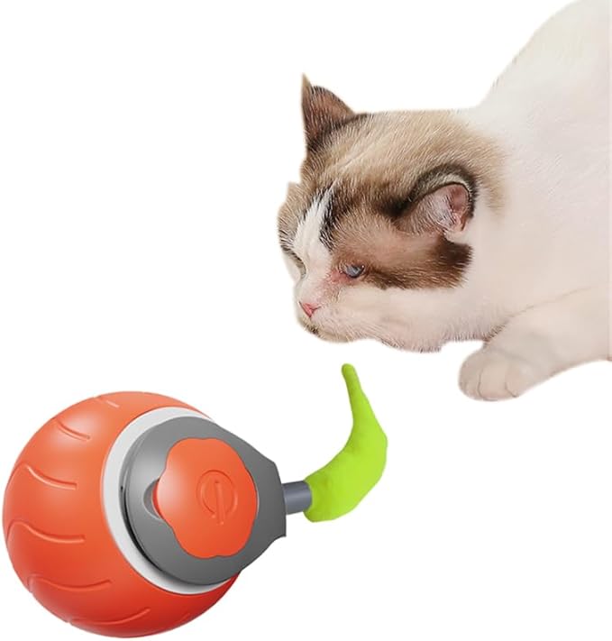 Interactive Cat Ball Toy Set, Three Speed Modes, Automatic Rolling Chase Ball with Fluffy Short Tail and LED Light, A Small Mice, Rechargeable