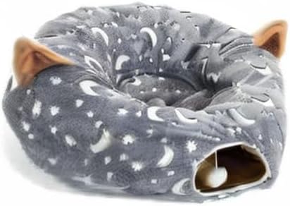 LUCKITTY Cat Tunnel Bed Tube with Cushion and Plush Ball Toy Playground Crinkle Collapsible Self-Luminous Flannel Fabric 3FT for Large Cats Kittens Kitty Small Animals Puppy Grey Moon Star