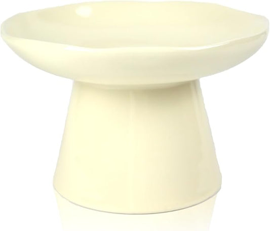 Wide Shallow 6.1" Raised Cat Bowls, Ceramic Elevated Food Plate for Flat Faced Cats and Small Dogs, Porcelain Feeder Bowl, Stress Free, Protect Cat’s Spine, Cream