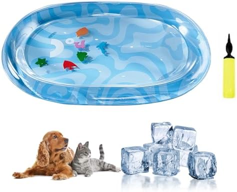DHorse Pet Water Bed,Thickened Sensory Water Playmat for Dogs Cats with Fish Toys,Cooling Mat,Puncture Proof Cooling Mat,Washable Inflatable Playmat,Summer Indoor Interactive Pet Toys (Blue A,Large)