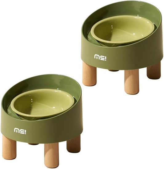 Ceramic Elevated Cat Bowls, Adjustable Raised Double Bowls Set, Pet Bowl with Anti Slip Rubber Pad, Leak-Proof, Stress Neck Free Food & Water Bowls for Small Dogs Geen