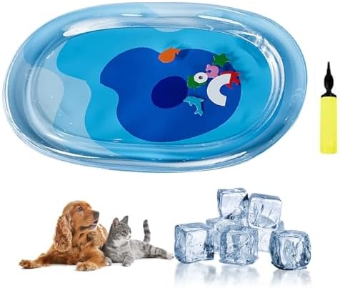 DHorse Pet Water Bed,Thickened Sensory Water Playmat for Dogs Cats with Fish Toys,Cooling Mat,Puncture Proof Cooling Mat,Washable Inflatable Playmat,Summer Indoor Interactive Pet Toys (Blue B,Medium)